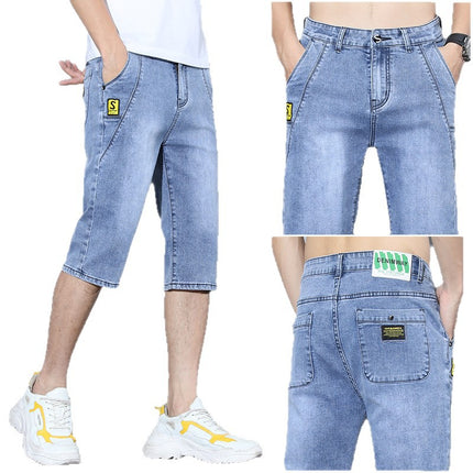 Men's Loose Straight Denim Shorts Summer Thin Cropped Pants Korean Style Trendy Slim Fit Stretch Casual 7-Point Pants
