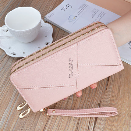 New Wallet Women's Long Double Zipper Clutch Bag Fashionable Litchi Pattern Soft Leather Large Capacity Double Wallet Mobile Phone Bag