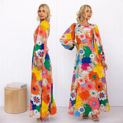25Th European and American Export Autumn and Winter New Fashion Printed Round Neck Lantern Sleeve Long Waist Dress-23132