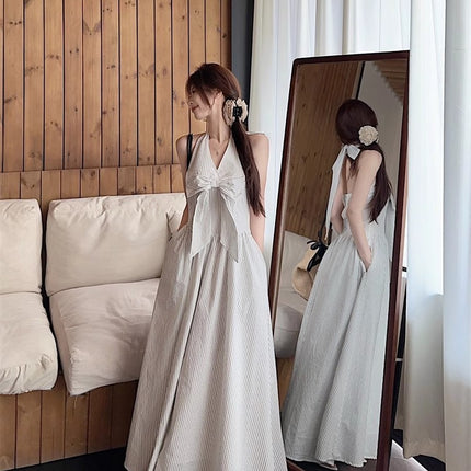 Gentle Style Stripesd Bow Halter V-Neck Dress for Women Summer Seaside Vacation A-Line Skirt French Style Long Skirt