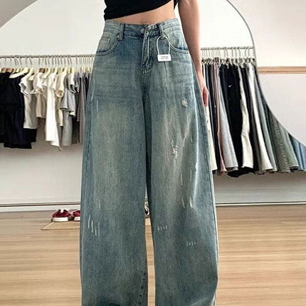 Washed-Out Denim Wide-Leg Pants for Women, High-Waisted, Plus-Size, Hip-Covering, Straight-Cut, Slimming, Floor-Length Trousers