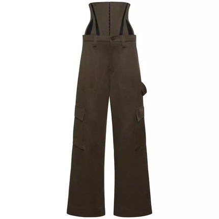Handsome Neutral Style Fishbone Stitching Slim-Fit Detachable Waist Seal Army Green Loose Wide-Leg Workwear Trousers for Women