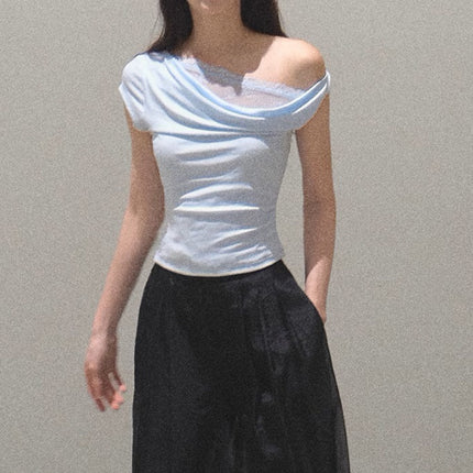 Oakmo/ "Season of Love" Pure Desire Slanted Shoulder Design Swing Collar Tencel Knitted Top T-Shirt