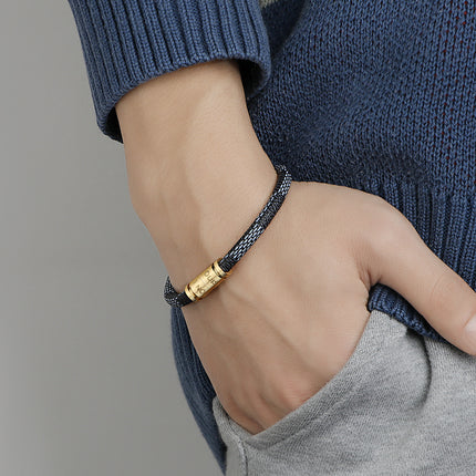Cross-Border E-Commerce European and American Titanium Steel Lettering Old Pattern Cowhide Rope Bracelet Stainless Steel Magnetic Buckle Male and Female Couple Bracelet