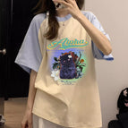 T463 flower black cat light blue and apricot / M