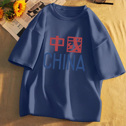 Trendy Autumn Men's Short-Sleeve T-Shirt, Pure Cotton, Round Neck, Plus Size, Loose Fit, Navy Blue