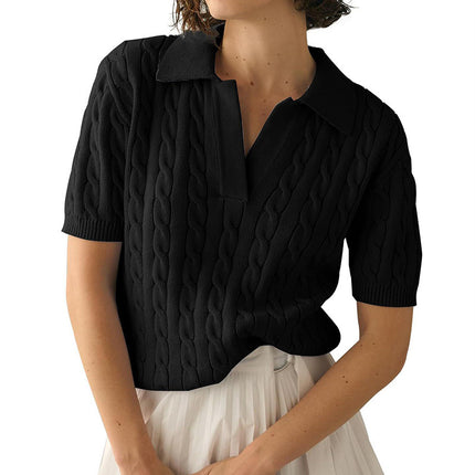 2025 Export Amazon European and American Clothing Polo Collar Short-Sleeved Knitwear Women's Casual Pure Color Cable Knitted Knitwear