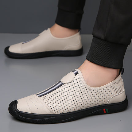 Men's Shoes 2025 Summer New Breathable Thin Hollow-Out Slip-On Black Genuine Leather Casual Loafers