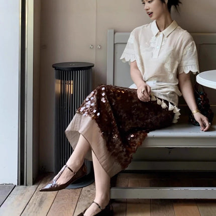 Autumn and Winter Warm-Toned Caramel Coffee-Colored Square Sequin Glitter Versatile High-End Splicing Straight Skirt