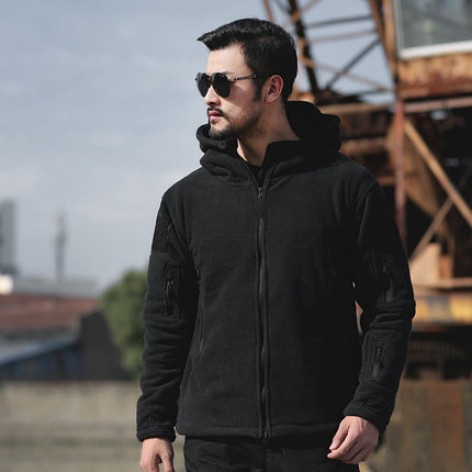 Cross-border men's outdoor warm liner fleece clothing men's cold-proof assault clothing wind hat clothing solid color hooded coat
