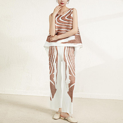Original Fabric from the Boutique, Issey Miyake Fashion Set, Women's Summer Elegant Loose Sleeveless Top and Pleated Pants Two-Piece Set