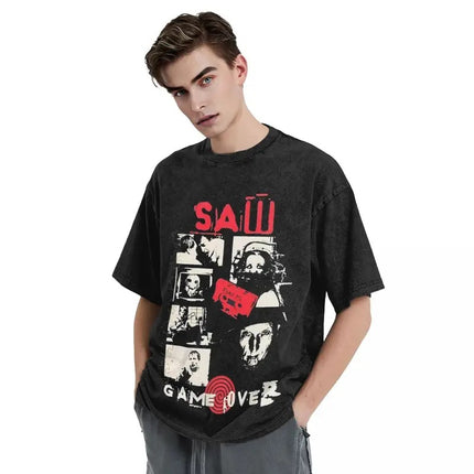 Washed t Shirt Vintage Saw Jigsaw Game Hip Hop Vintage T-Shi