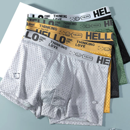 Hello Ice Silk Men's Underwear Skin-Friendly Breathable Mesh Quick-Drying Boxer Briefs Antibacterial Crotch Youth Boxer Shorts