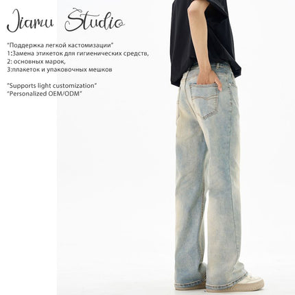 Jiamu American High Street Whiskered Baggy Jeans Unisex Versatile Wide-Leg Jeans for Men and Women Loose and Slightly Flared