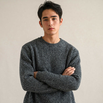 100% Wool Autumn and Winter Round Neck Pit Stripesd Flower Yarn Men's Wool Knitted Sweater