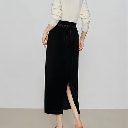 Velvet Skirt Side Open Back Split Skirt Women's Thickened Autumn and Winter 2024 New Mid-length High Waist Black Straight Skirt