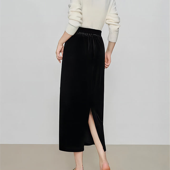 Velvet Skirt Side Open Back Split Skirt Women's Thickened Autumn and Winter 2024 New Mid-length High Waist Black Straight Skirt
