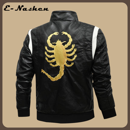 European and American Men's Leather Jacket New Style Stand Collar Removable Hooded Motorcycle Leather Jacket Fashionable Black and White Color Matching Large Size Men's Clothing