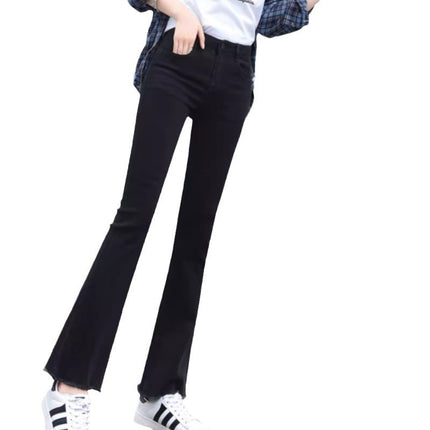 Black Flared Jeans for Women, Autumn and Winter Trendy Versatile New Style, Fleece-Lined, High-Waisted, Slim-Fit, Frayed Hem Bell-Bottom Pants