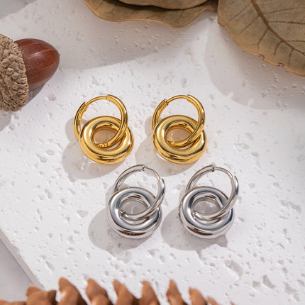 Xia Ling Simple and Stylish Double-Layer Ring Splicing Earrings Stainless Steel Plated with 18K Gold Versatile and Unique Titanium Steel Earrings for Women