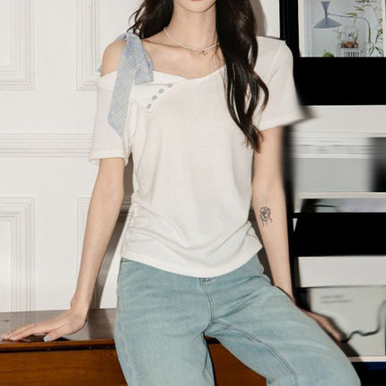 Foreign Trade Wholesale French-Style Tie-Up Irregular Design Short-Sleeve T-Shirt for Women, Super Stylish Off-Shoulder Slim-Fit Crop Top