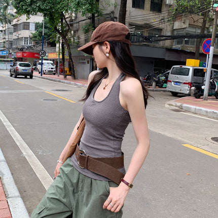 Sexy Hot Girl Striped Halter U-Neck Tie Chest Pad Vest Women's Summer New Slim Fit Versatile Base Top