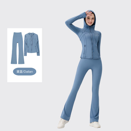 [in Stock] Ld Hooded Flared Jacket Set Top Women's Tight Elastic Fitness Sports Running Yoga Wear