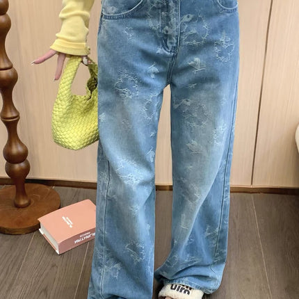 Vintage Butterfly Jacquard Straight-Leg Jeans for Women 2025 Autumn New Petite High-Waisted Floor-Length Pants