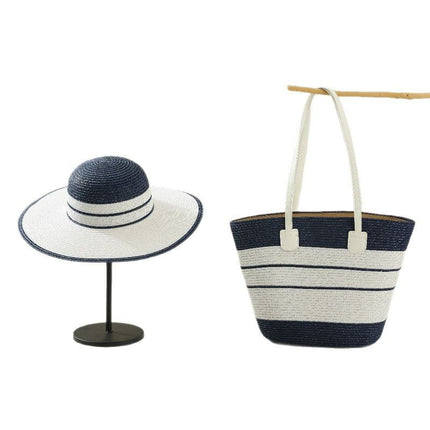 Foreign Trade Two-Piece Summer Straw Bag Set Large Brim Striped Straw Hat and Straw Bag Set Tote Handbag