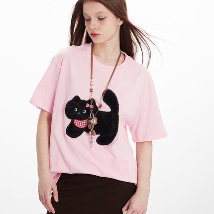 HeyHenry Men's Rabbit Fur Paste Embroidered Cat Loose Crew Neck Short Sleeve T-shirt Women's Fun Couple Top
