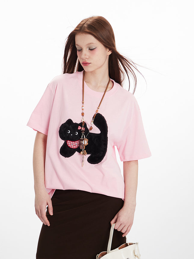 HeyHenry Men's Rabbit Fur Paste Embroidered Cat Loose Crew Neck Short Sleeve T-shirt Women's Fun Couple Top