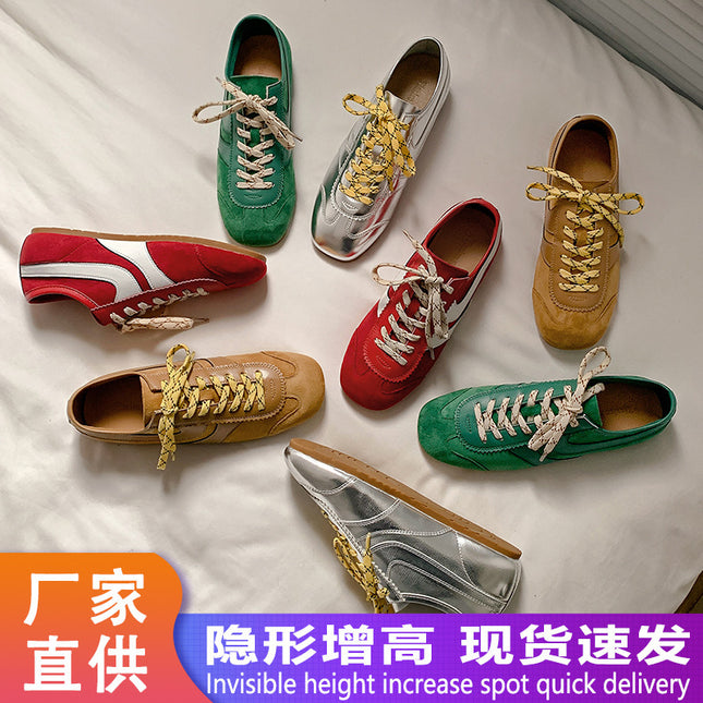 Vintage Inner Height Increasing German Training Shoes Women's 2025 New Genuine Leather Breathable Casual Sports Women's Shoes Lace-up Color-matching Forrest Gump Shoes