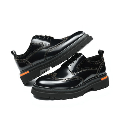Men's Glossy Leather Shoes, Genuine Leather, 2026 New Model, British Style, Brogue Carved Design, Business Casual, Thick-Soled, Height-Increasing Men's Shoes