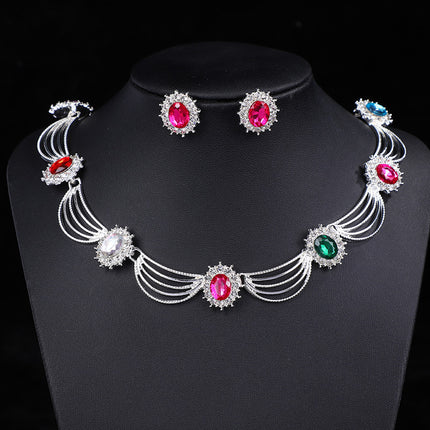 Cross-Border Gemstone Necklace, Artistic Retro Medieval Court Jewelry, Fan-Shaped Aesthetic Internet Celebrity Style Necklace and Earrings Set