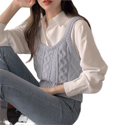 Autumn 2024 Short Japanese Twist Knitted Vest Long-sleeved Shirt Stacked on Instagram Style Two-piece Set