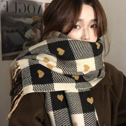 Autumn and Winter Scarf for Women, Double-Sided Plaid Heart Fashion Korean Version Trendy Versatile Thickened Dual-Use Neck Warmer Shawl Harajuku Style