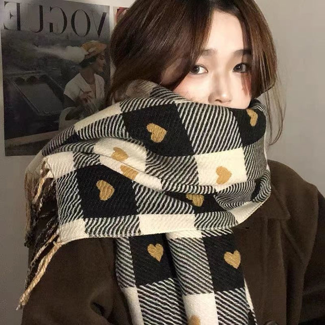 Autumn and Winter Scarf for Women, Double-Sided Plaid Heart Fashion Korean Version Trendy Versatile Thickened Dual-Use Neck Warmer Shawl Harajuku Style