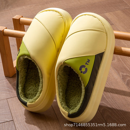 New Leather Waterproof Cotton Slippers for Women in Winter Indoor Thick-Soled Warm Home Fleece-Lined Bag and Couple Wool Slippers for Men