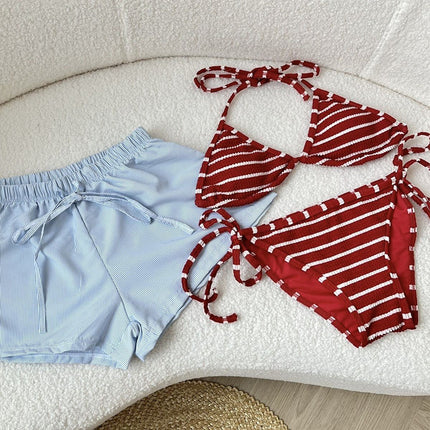 [Free Vacation] Hot Girl Pure Desire Style Red and White Stripes Whitening Seaside Vacation Beach Separates Swimsuit Bikini