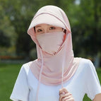 [sun protection/ice silk hat with brim mask drawstring] pink
