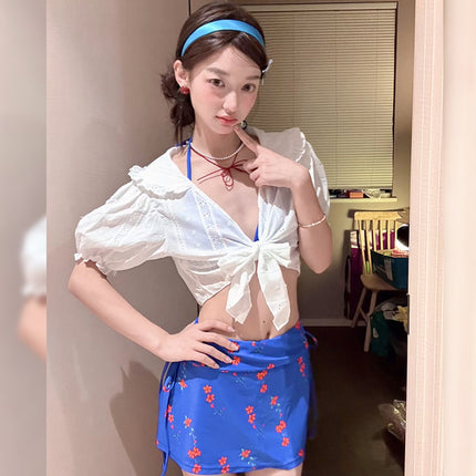 "Sapphire Blue" Sweet and Spicy Swimsuit Sexy White Shirt Women's Small Breast Bikini Three-Piece Vacation Swimsuit
