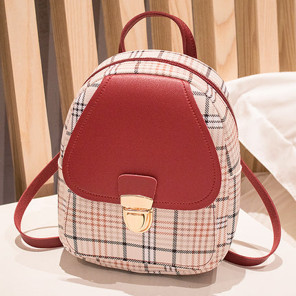 Small School Bag 2024 Korean Style Fashionable Small Backpack Satchel Shoulder Crossbody Bag Contrasting Color Mobile Phone Bag Pu Plaid Backpack