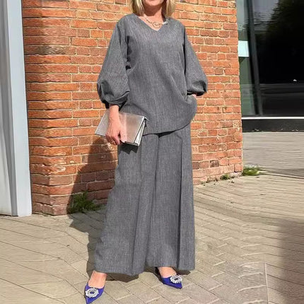 Casual Loose Clothing Fashion 2 Piece Pants Set Women's Puff Sleeve Stylish Waist Solid Color Top and Pants Set