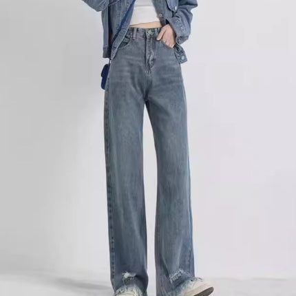 European and American Ripped Tassel High Waist Jeans Women's 2024 Summer New Niche Design Sense Straight-leg Loose Mop Pants