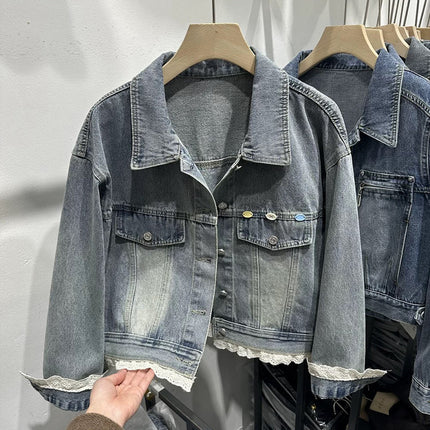 Lace stitching spring Korean retro Denim short coat this year's popular women's lapel design jacket