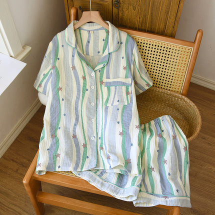 Summer Pure Cotton Crepe Lapel Short-Sleeved Shorts Pajamas Two-Piece Set for Women Apple Banana Loose Thin Home Clothes