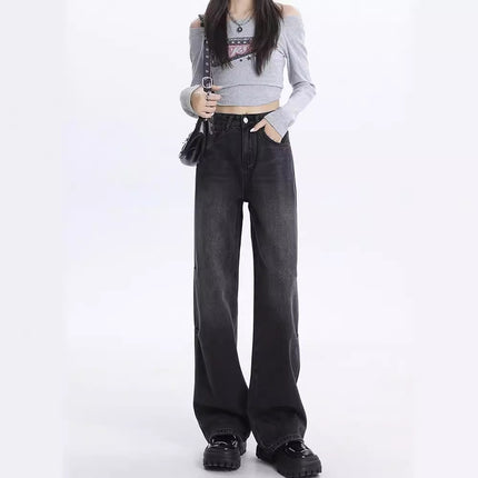 Retro Distressed Wide-leg Jeans for Women Summer 2024 New American High-waisted Loose Slimming Look Draped Floor-length Pants