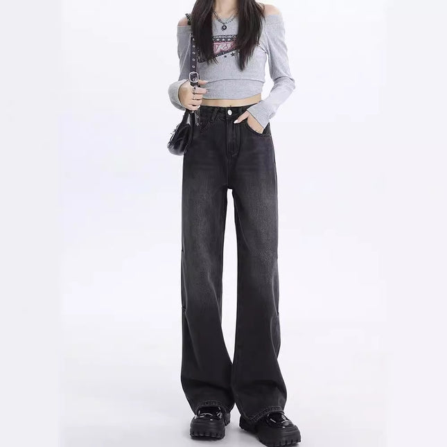 Retro Distressed Wide-leg Jeans for Women Summer 2024 New American High-waisted Loose Slimming Look Draped Floor-length Pants