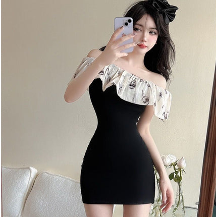 French Pure Lust Style One-Shoulder Sweet Waist-Cinching Short-Sleeved Dress for Women Summer Temperament Slim Knitted Hip-Hugging Short Skirt