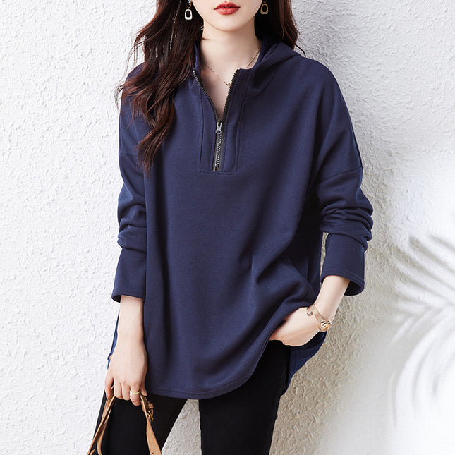 Real Shot Short Video European Plus-Size Solid Color Zip-Up Hooded Pullover Sweatshirt for Women, Loose Fit, Autumn